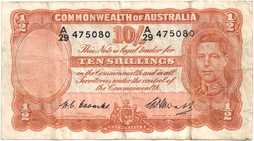 Ten Shilling Coombs Watt Australian Banknote, 'gVG'