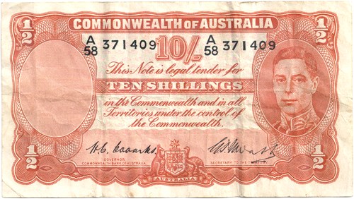 Ten Shilling Coombs Watt Australian Banknote, 'Fine' - Click Image to Close
