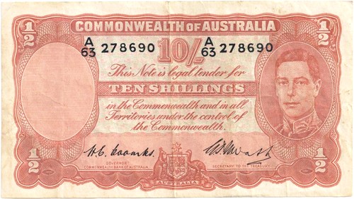 Ten Shilling Coombs Watt Australian Banknote, 'gF-aVF' - Click Image to Close