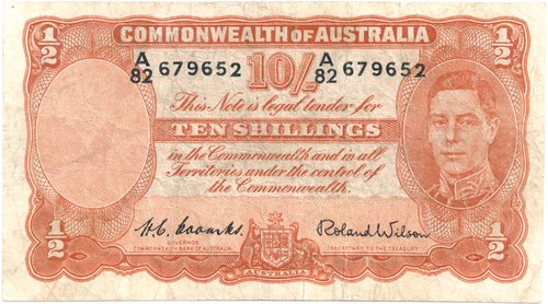 Ten Shilling Coombs Wilson (52) Australian Banknote, 'aF'