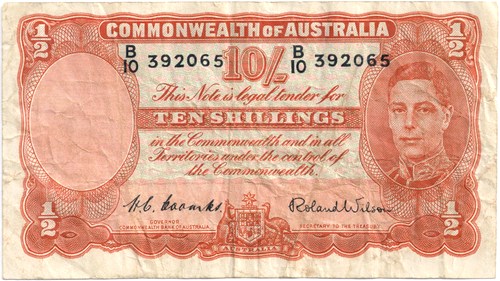 Ten Shilling Coombs Wilson (52) Australian Banknote, 'aF' - Click Image to Close