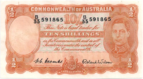 Ten Shilling Coombs Wilson (52) Australian Banknote, 'aVF' - Click Image to Close