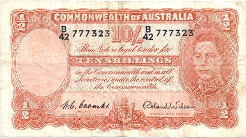 Ten Shilling Coombs Wilson (52) Australian Banknote, 'F'