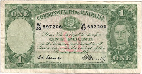 One pound Coombs Watt Australian Banknote, 'Fine' - Click Image to Close