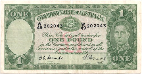 One pound Coombs Watt Australian Banknote, 'Very Fine' - Click Image to Close