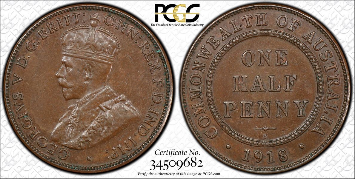 1918 Australian Halfpenny, PCGS AU58 'about Uncirculated' - Click Image to Close