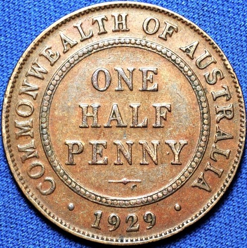 1929 Australian Halfpenny, 'Very Fine', dot error - Click Image to Close