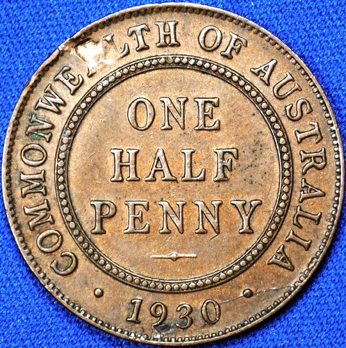 1930 Australian Halfpenny, 'Extremely Fine', obstruction error - Click Image to Close