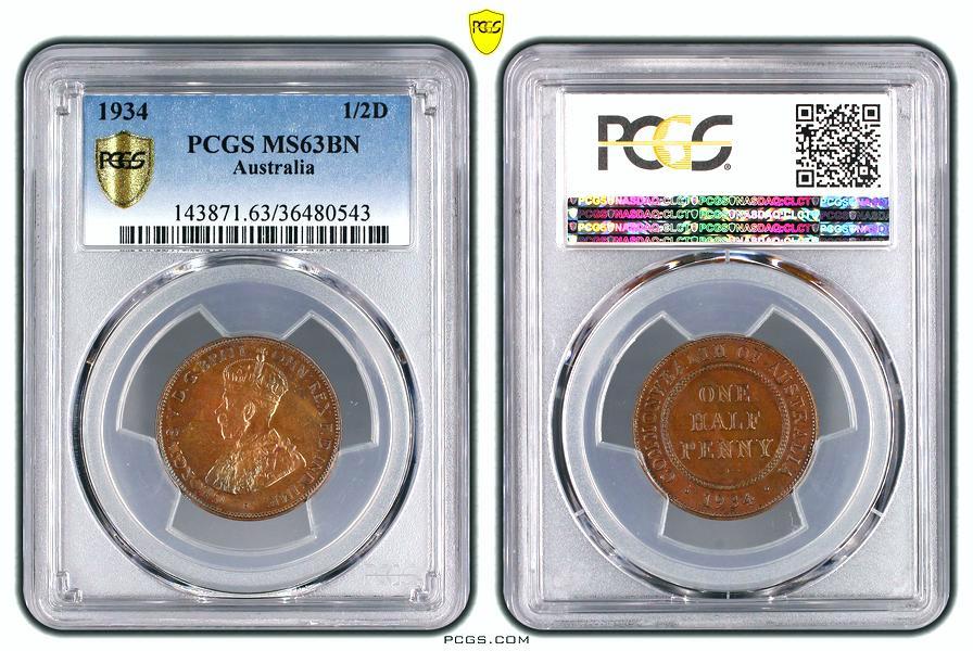 1934 Australian Halfpenny, PCGS MS63BN 'Uncirculated' - Click Image to Close