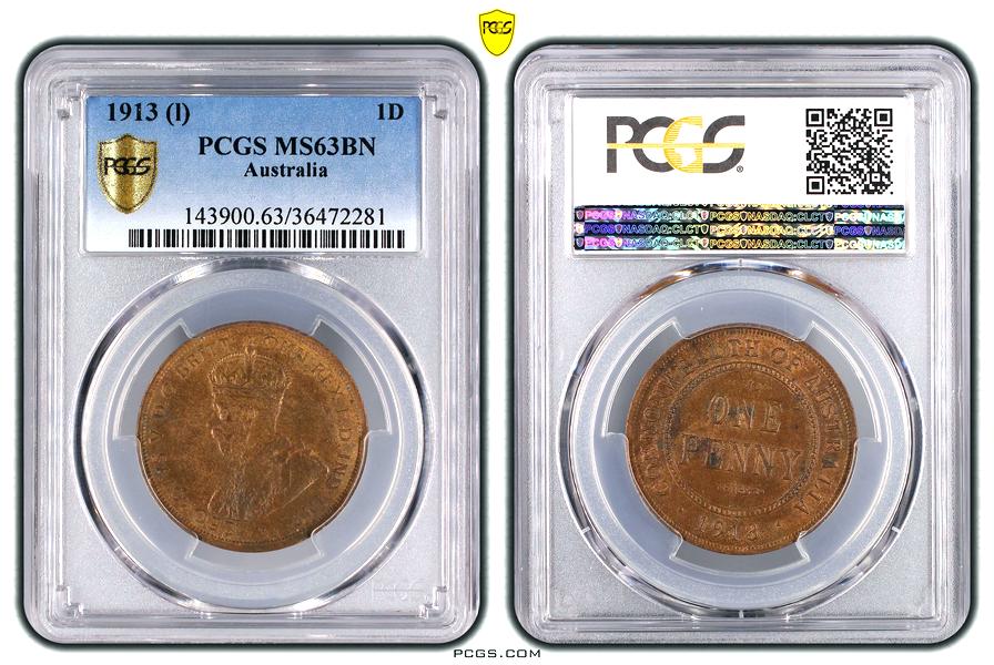 1913 Australian Penny, PCGS MS63BN 'Uncirculated'