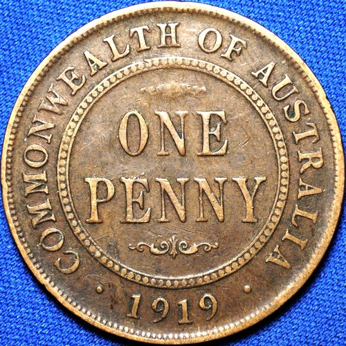 1919 Australian Penny, (no dots), 'about Fine', marks - Click Image to Close
