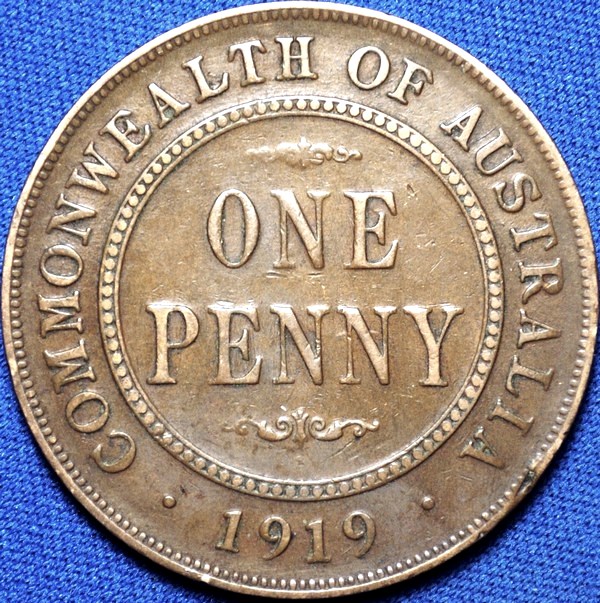 1919 Australian Penny, (dot below), 'about Fine' - Click Image to Close