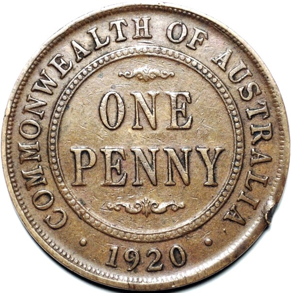 1920 Australian Penny, (London obv, dot below), 'Fine', marks