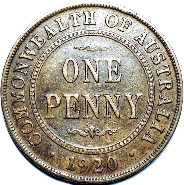 1920 Australian Penny, (London obv, dot below), 'about Fine' - Click Image to Close
