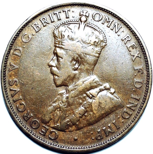 1920 Australian Penny, (London obv, dot below), 'about Fine'