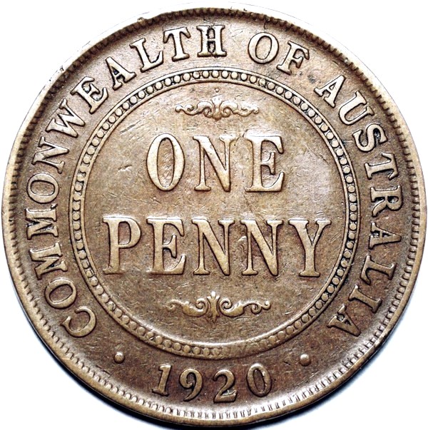 1920 Australian Penny, (double dot), 'about Fine' - Click Image to Close