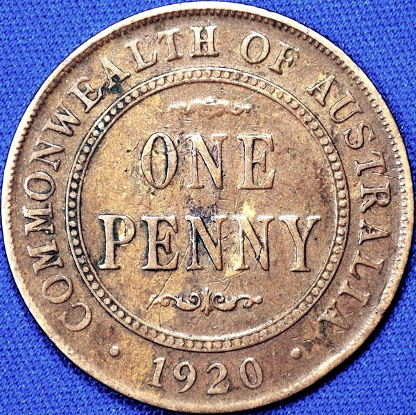 1920 Australian Penny, (no dots, Indian), 'Fine' - Click Image to Close