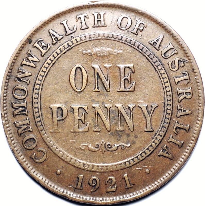 1921 Australian Penny, London obverse, 'about Fine' - Click Image to Close