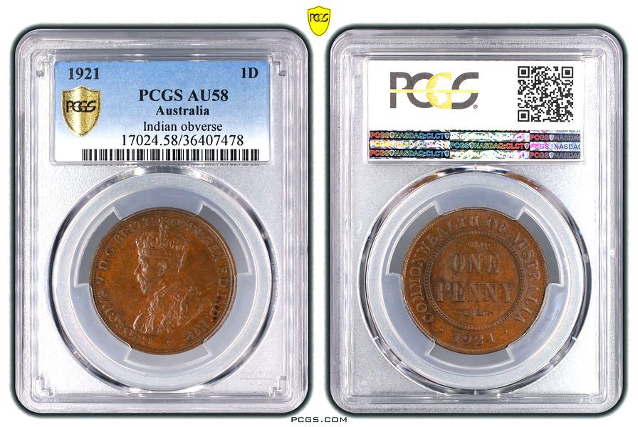 1921 Australian Penny, PCGS AU58 'about Uncirculated' - Click Image to Close