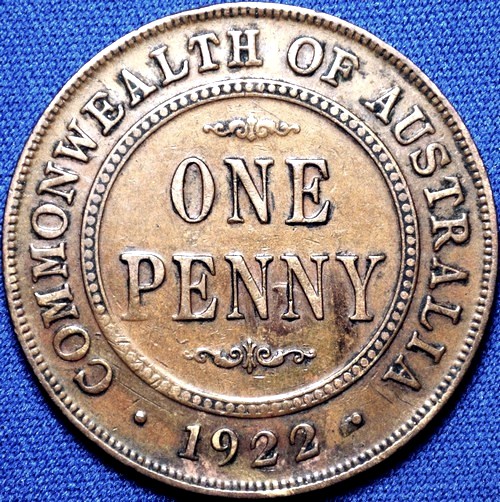 1922 Australian Penny, 'Very Fine' - Click Image to Close