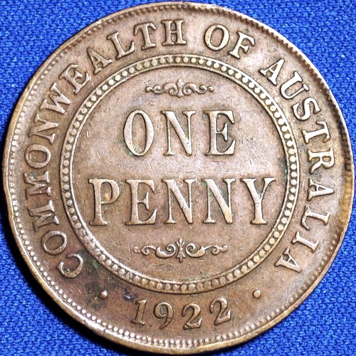 1922 Australian Penny, 'Very Fine', marks - Click Image to Close