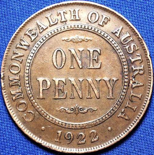 1922 Australian Penny, 'Very Fine' - Click Image to Close