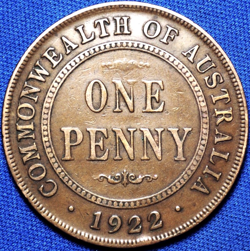1922 Australian Penny, wide date, 'about Fine'