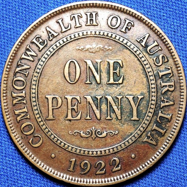 1922 Australian Penny, wide date toenail 9, 'good Fine'