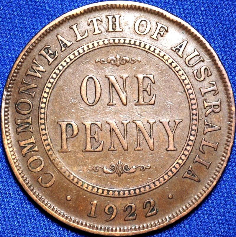 1922 Australian Penny, wide date toenail 9, 'about Fine'