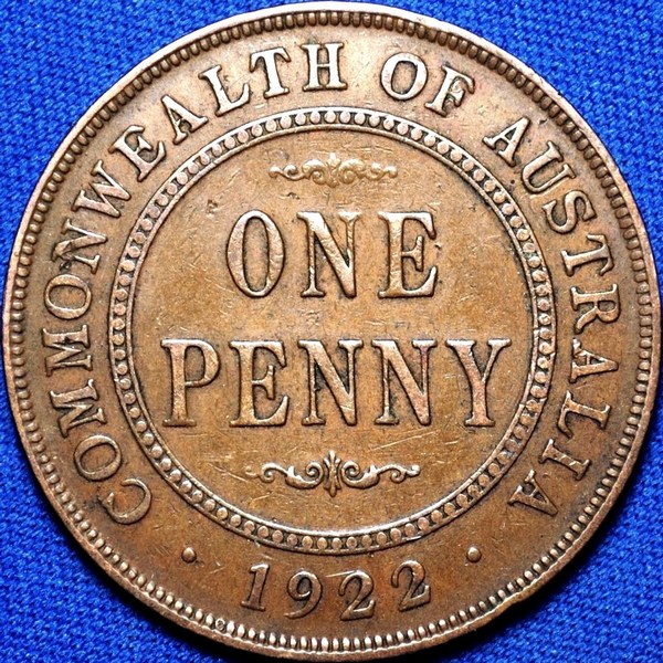 1922 Australian Penny, wide date toenail 9, 'Fine'