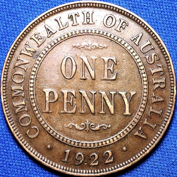 1922 Australian Penny, wide date toenail 9, 'Fine'