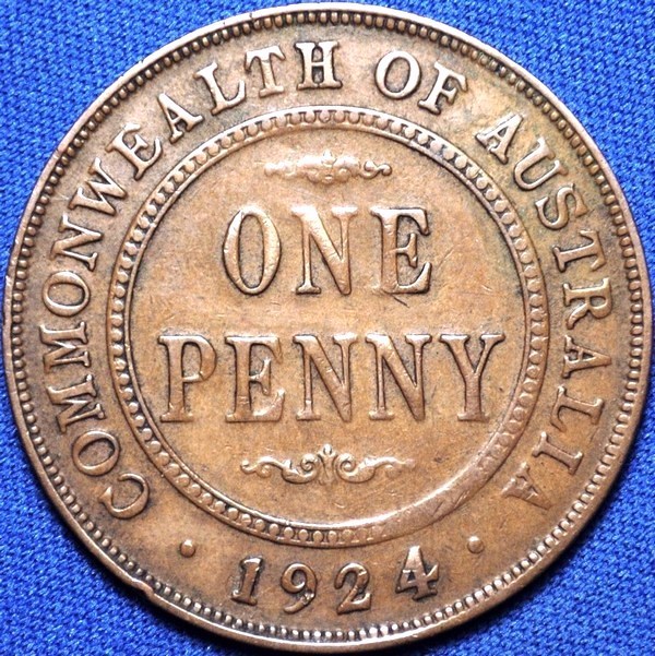 1924 Australian Penny, Indian obverse, 'Fine' - Click Image to Close