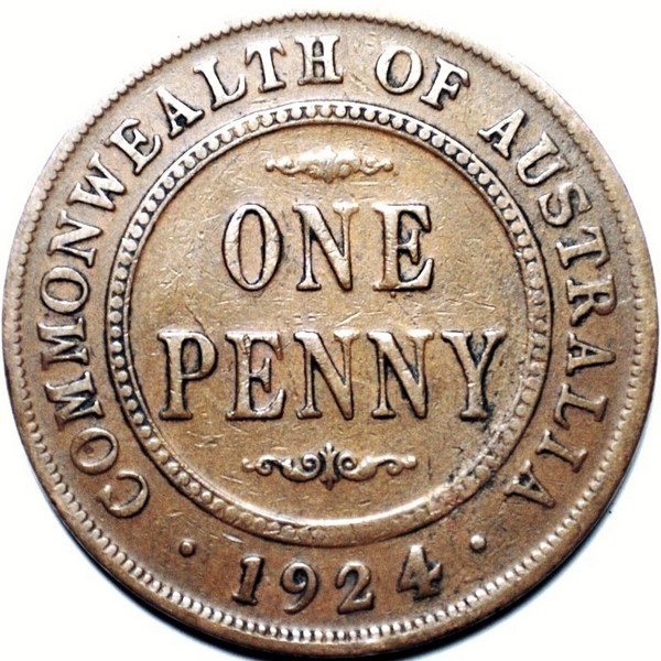 1924 Australian Penny, Indian obverse, 'about Fine' - Click Image to Close