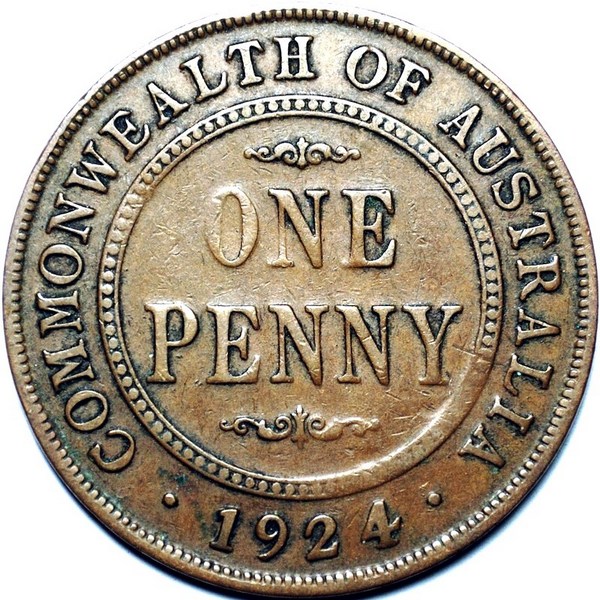 1924 Australian Penny, Indian obverse, 'about Fine' - Click Image to Close