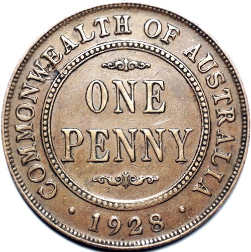 1928 Australian Penny, 'Very Fine' - Click Image to Close