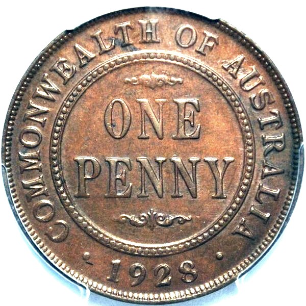 1928 Australian Penny, PCGS AU58 'about Uncirculated'