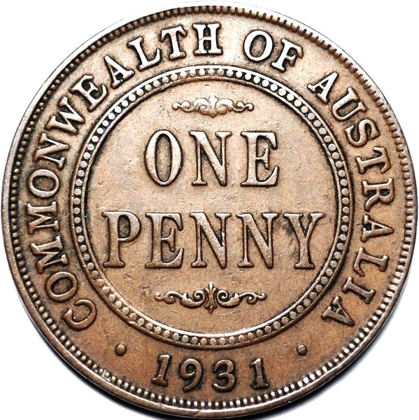 1931 Australian Penny, dropped 1 London, 'about Very Fine' - Click Image to Close