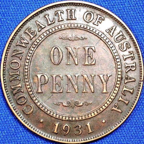 1931 Australian Penny, normal 1 Indian, 'about Very Fine'