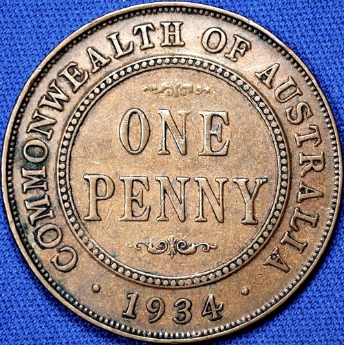 1934 Australian Penny, 'Very Fine' - Click Image to Close