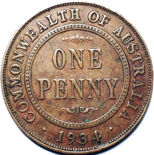 1934 Australian Penny, 'Very Fine' - Click Image to Close