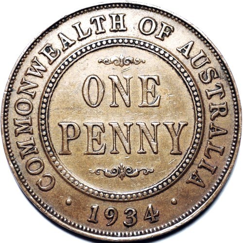 1934 Australian Penny, 'about Extremely Fine' - Click Image to Close