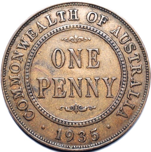 1935 Australian Penny, 'good Fine' - Click Image to Close