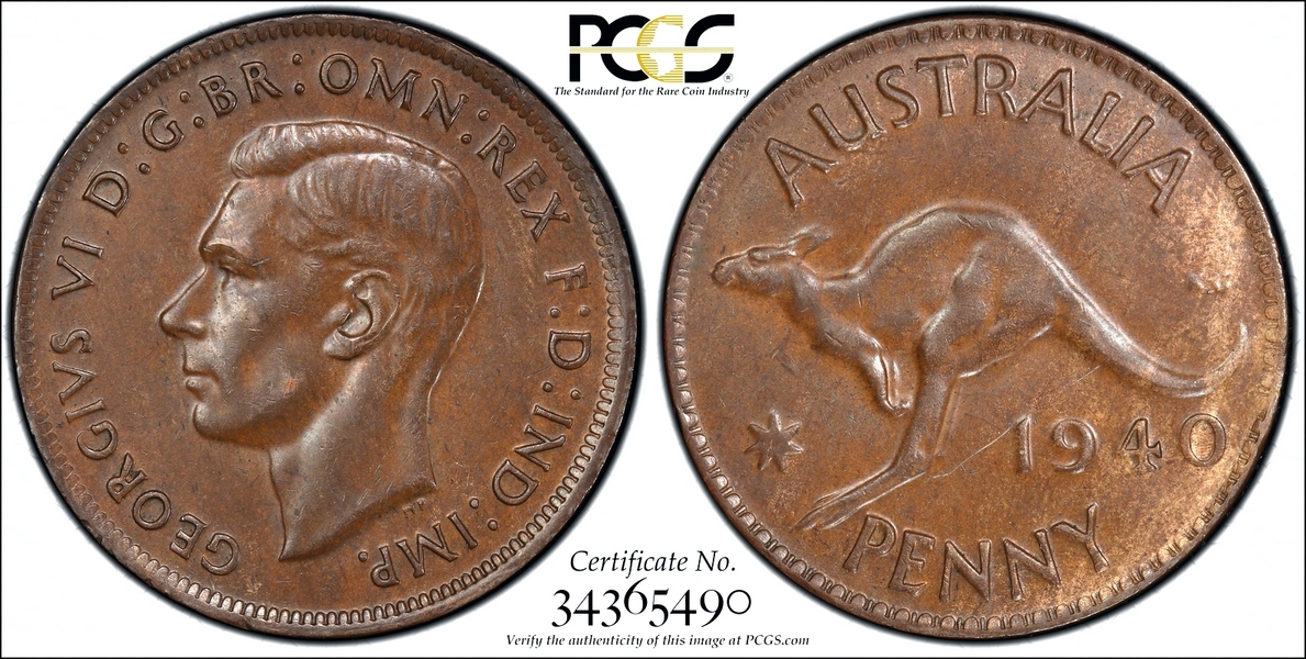1940 K.G Australian Penny, PCGS AU58 'about Uncirculated' - Click Image to Close