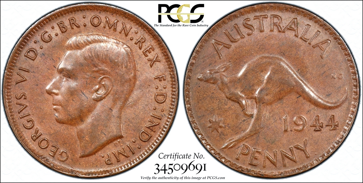 1944 Y. Australian Penny, PCGS MS63BN 'Uncirculated'