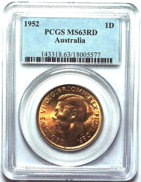 1952 (m) Australian Penny, PCGS MS63RD 'Uncirculated' - Click Image to Close