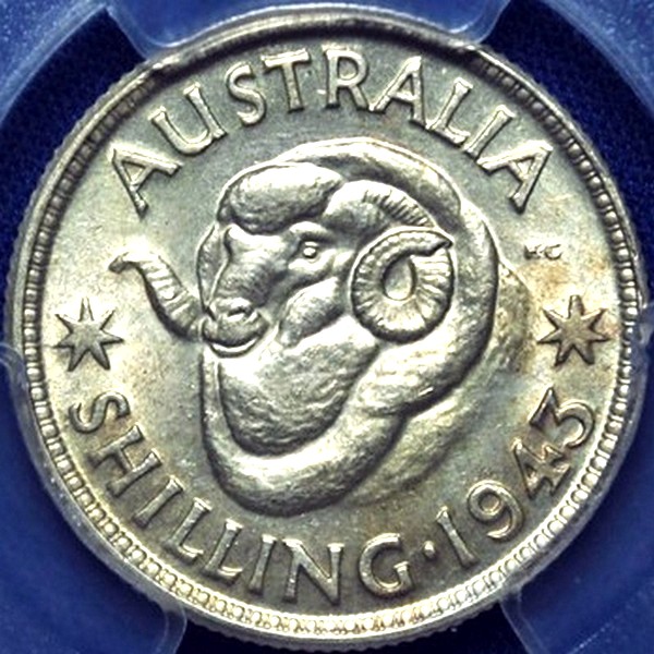 1943 (m) Australian Shilling, PCGS MS63 'Uncirculated' - Click Image to Close