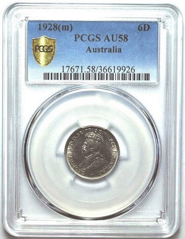 1928 Australian Sixpence, PCGS AU58 'about Uncirculated' - Click Image to Close