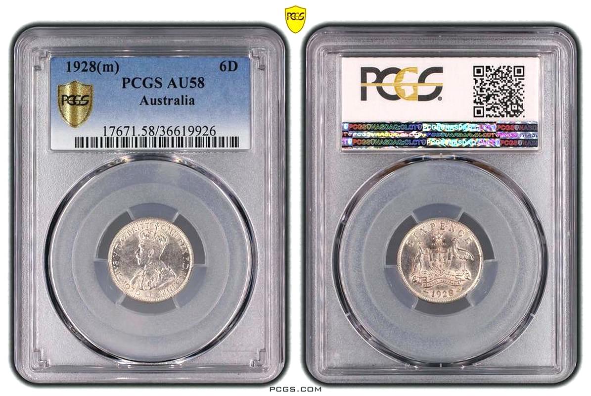 1928 Australian Sixpence, PCGS AU58 'about Uncirculated'
