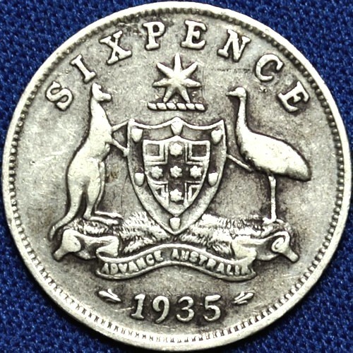 1935 Australian Sixpence, 'good Fine', die crack - Click Image to Close