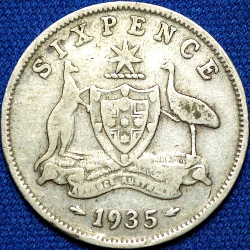 1935 Australian Sixpence, 'Very Good', die crack